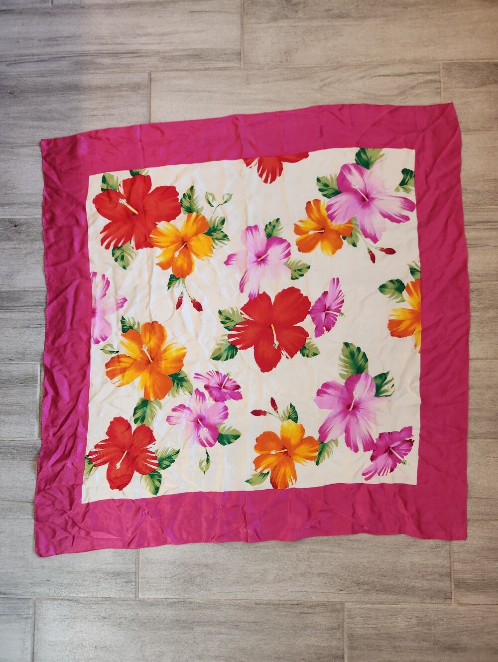 Echo Carre Scarf 100% Silk Hibiscus Pink Red Floral Square Framed Giant Artsy
